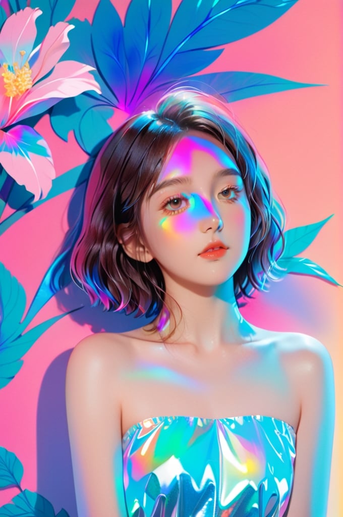 portrait, 1 girl, solo, short wavy hair, flowing neon, colored holographic floral background, holographic, iridescent, vaporwave, fluid, flowers, lying from the front point pose, high fashion, realistic,Flat vector art,xxmix_girl