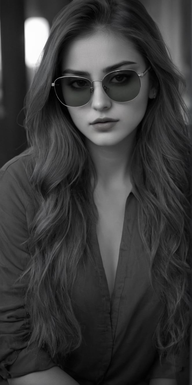 photorealistic), masterpiece:1.5, best quality, realistic, real image, intricate details, perfect focus, perfect face, extremely beauyiful girl, Photograph, masterwork, meticulous nuances, supreme resolution, 32K, ultra-defined, Intricate Detail, Masculine,  black and white photo.long hair,light green sunglasses glasses,light green sunglasses,
Imagina 1 beautiful woman, 20 yo, create a hyper realistic image of sitting in the dark room, pessimistic view, depressed mood, lost in tough, black and white photo, high detailed, sharp focus, Extremely Realistic,FilmGirl,bright clothes,Real,Black&White,SDXL,Realistic