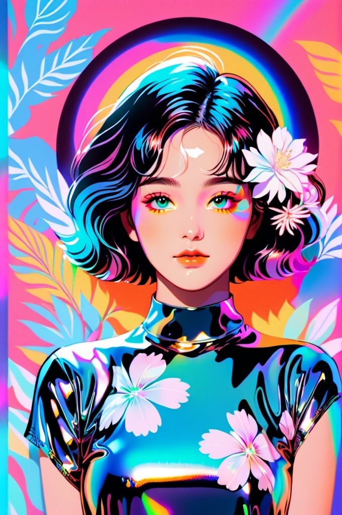 portrait, 1 girl, solo, short wavy hair, flowing neon, colored holographic floral background, holographic, iridescent, vaporwave, fluid, flowers, lying from the front point pose, high fashion, realistic,Flat vector art,xxmix_girl