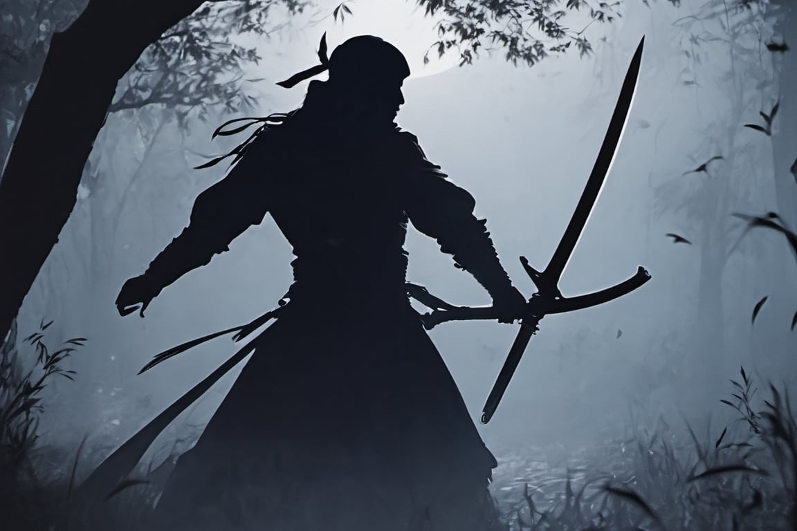 ((Silhouette:1.9)). it's too dark, without light. ((About 10 Assassins1.8)),((A swordsman wearing a wide-brimmed hat and masked About 10 assassins:1.8, crescent moon, grass. Two swordsmen are fighting among the long grass in a meadow with a crescent moon as thin as an eyebrow on a very pitch-black night in all directions1.8)). ((A swordsman flies into the air, wraps his hands around the handle of his sword, and makes a 45-degree downward slash motion. Another swordsman is making an urgent move to block the sword of another swordsman coming down1.5)). jump up and slash the sword. About 10 Assassins surround them.
There is a bit of fog around, reflecting the blue light of the black crescent moon of the swordsman striking, showing even more urgency.
((Silhouette:1.9)), distant view, 8K, gloomy, solemn, urgent, scary, speed, birds flying away in surprise,Sketch,Storyboard