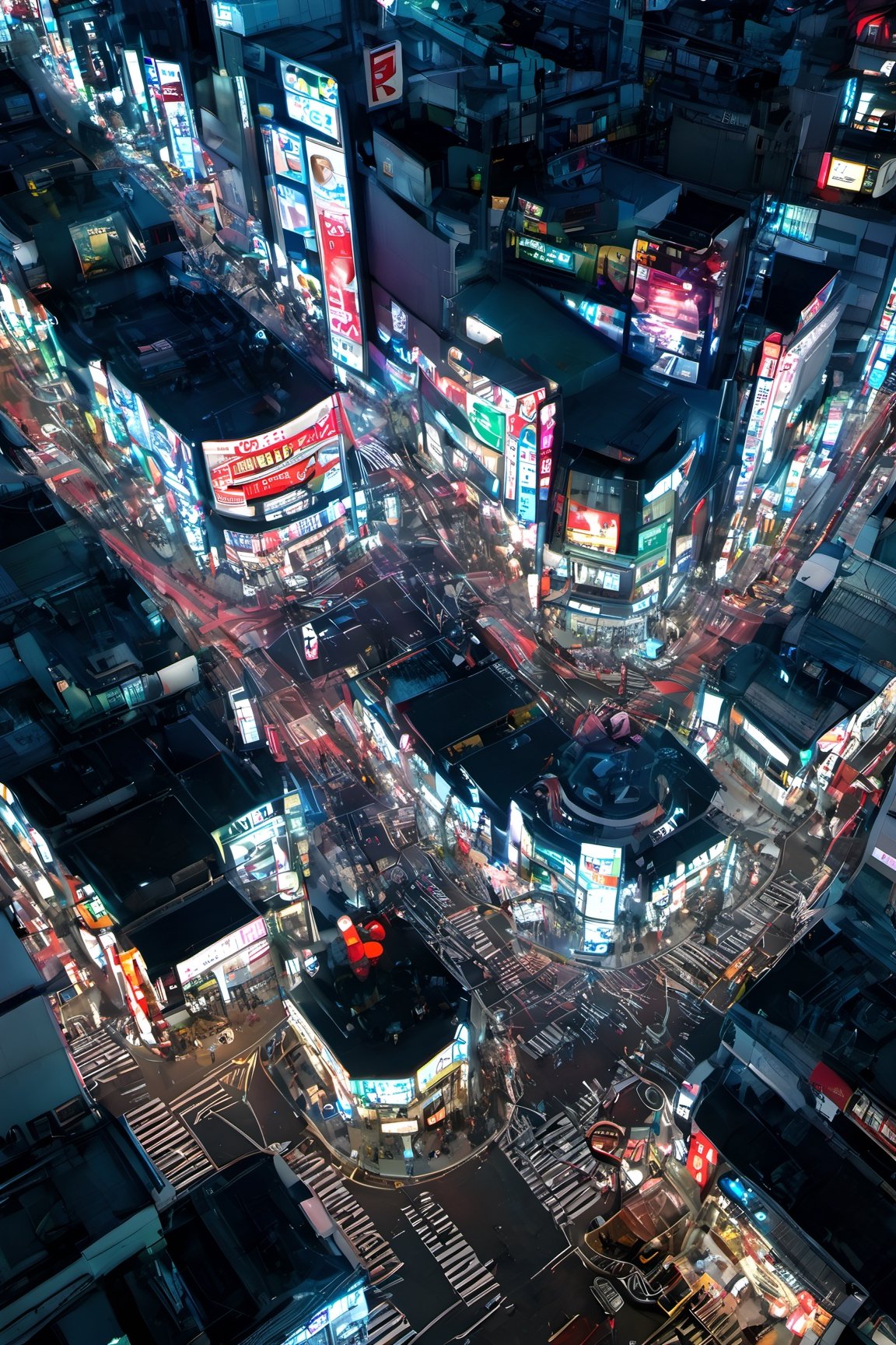 night city, top view ,Spirit Fox Pendant, people walking, realstic, neon light. high detail, high_resolution,make_3d,japan,Night view of Shibuya, Tokyo, scenery,traffic light, japan