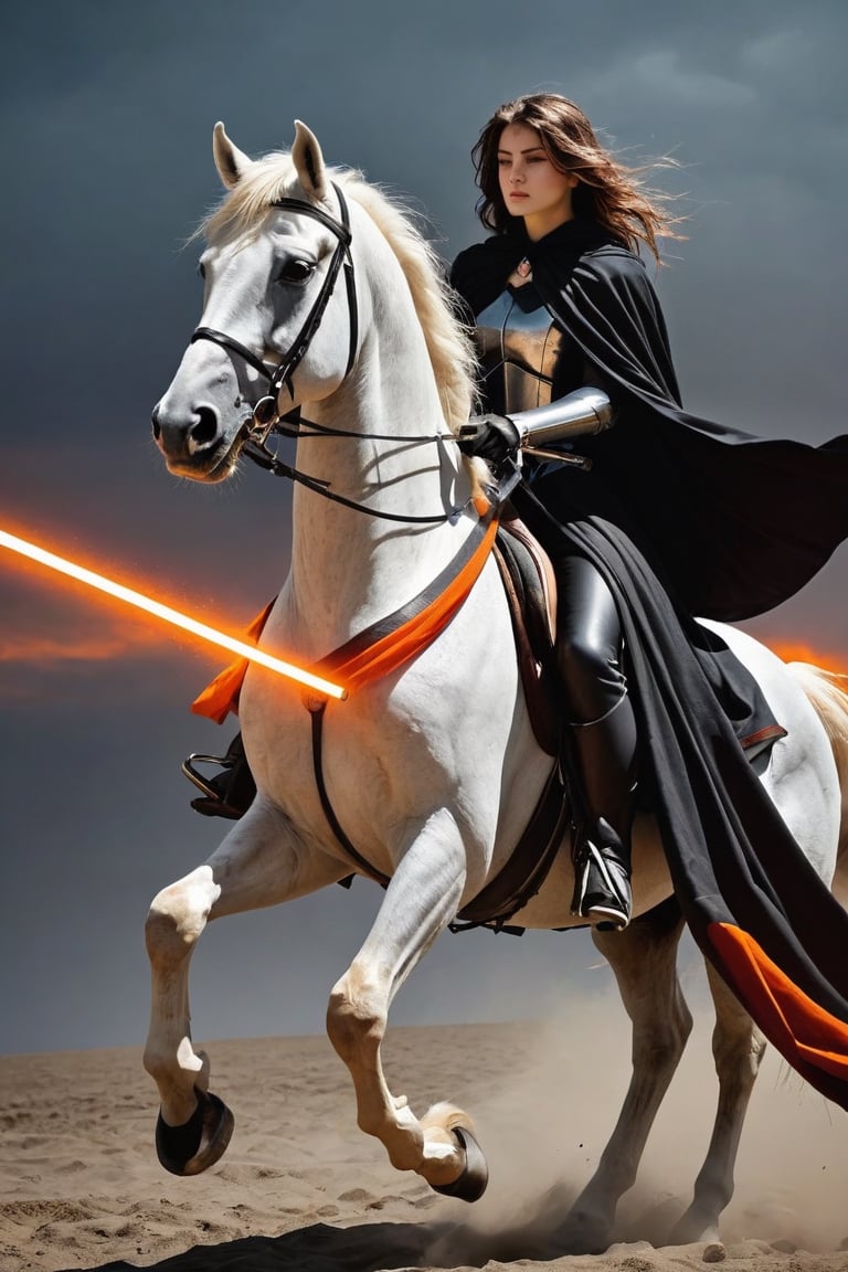 1 beautiful woman,  faded elegance, mournful atmosphere,  beauty, melancholy aura, hauntingly captivating, stark contrast, delicate decay, line art, backlighting, wind, backlighting, Stardust,(Wind:1.2) , black cloak, sword knight riding a white horse, Orange Blood
,Contained Color,anica_teddy,photo r3al