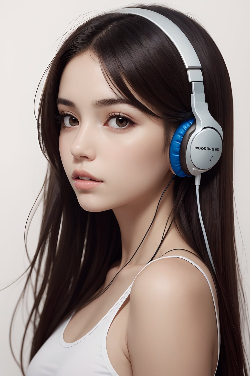 1girl,flowers,(black reed:1.1),forest,solo,long hair,(realistic:1.1),headphones(black headphones),white background,brown hair,simple background,headphones around neck,lips,parted lips,looking to the side,upper body,forehead,looking away,black hair,bare shoulders,signature,brown eyes,tank top,black eyes,
