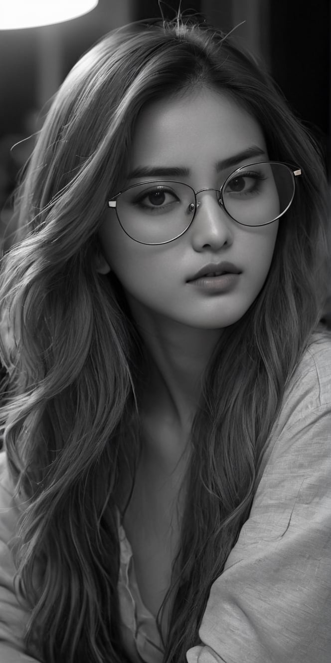 photorealistic), masterpiece:1.5, best quality, realistic, real image, intricate details, perfect focus, perfect face, extremely beauyiful girl, Photograph, masterwork, meticulous nuances, supreme resolution, 32K, ultra-defined, Intricate Detail, Masculine,  black and white photo.long hair,green sunglasses glasses,
Imagina 1 korean woman, 20 yo, create a hyper realistic image of ssitting in the dark room, pessimistic view, depressed mood, lost in tough, black and white photo, high detailed, sharp focus, Extremely Realistic,FilmGirl,bright clothes,Real,Black&White,SDXL,Realistic