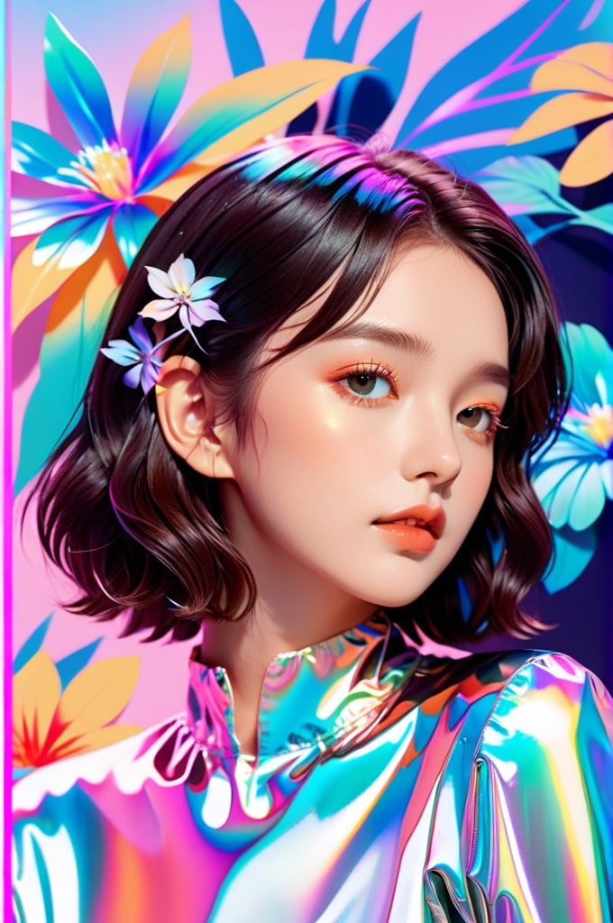 portrait, 1 girl, solo, short wavy hair, flowing neon, colored holographic floral background, holographic, iridescent, vaporwave, fluid, flowers, lying from the front point pose, high fashion, realistic,Flat vector art,xxmix_girl