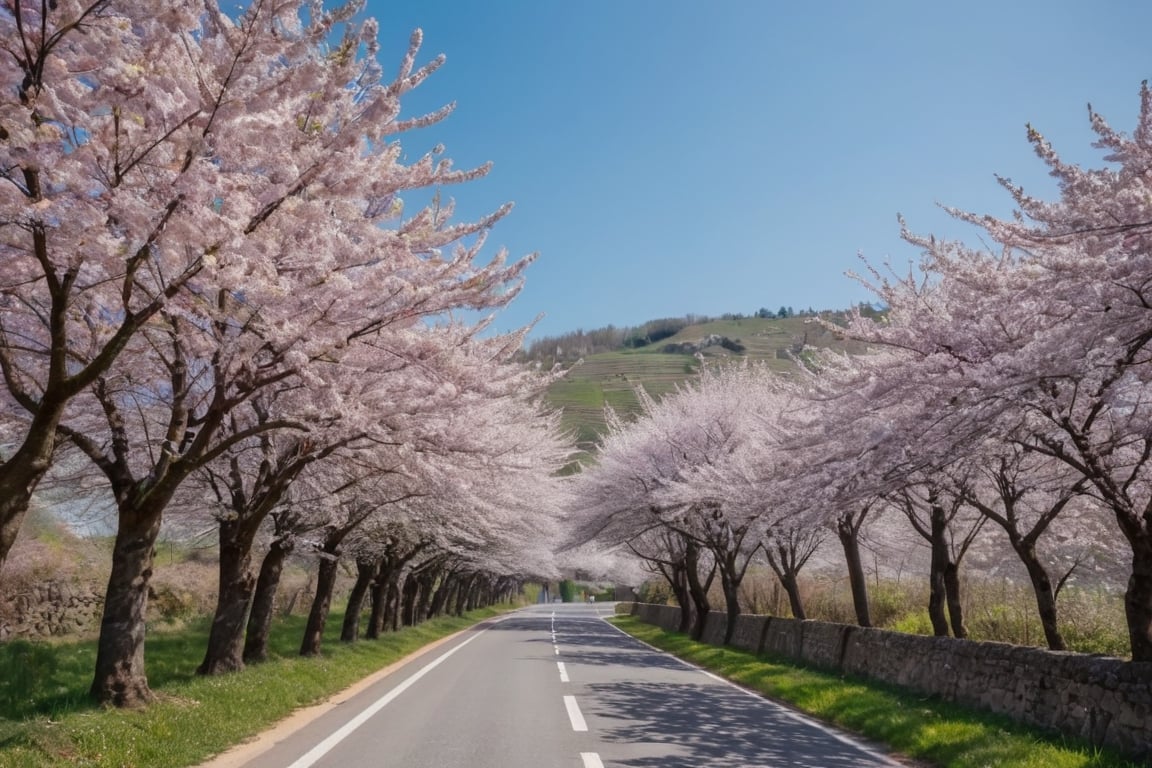 A very close-up shot of cherry blossoms in full bloom along the road in front of the village.

Ultra-clear, Ultra-detailed, ultra-realistic, ultra-close up, Prevent facial distortion,