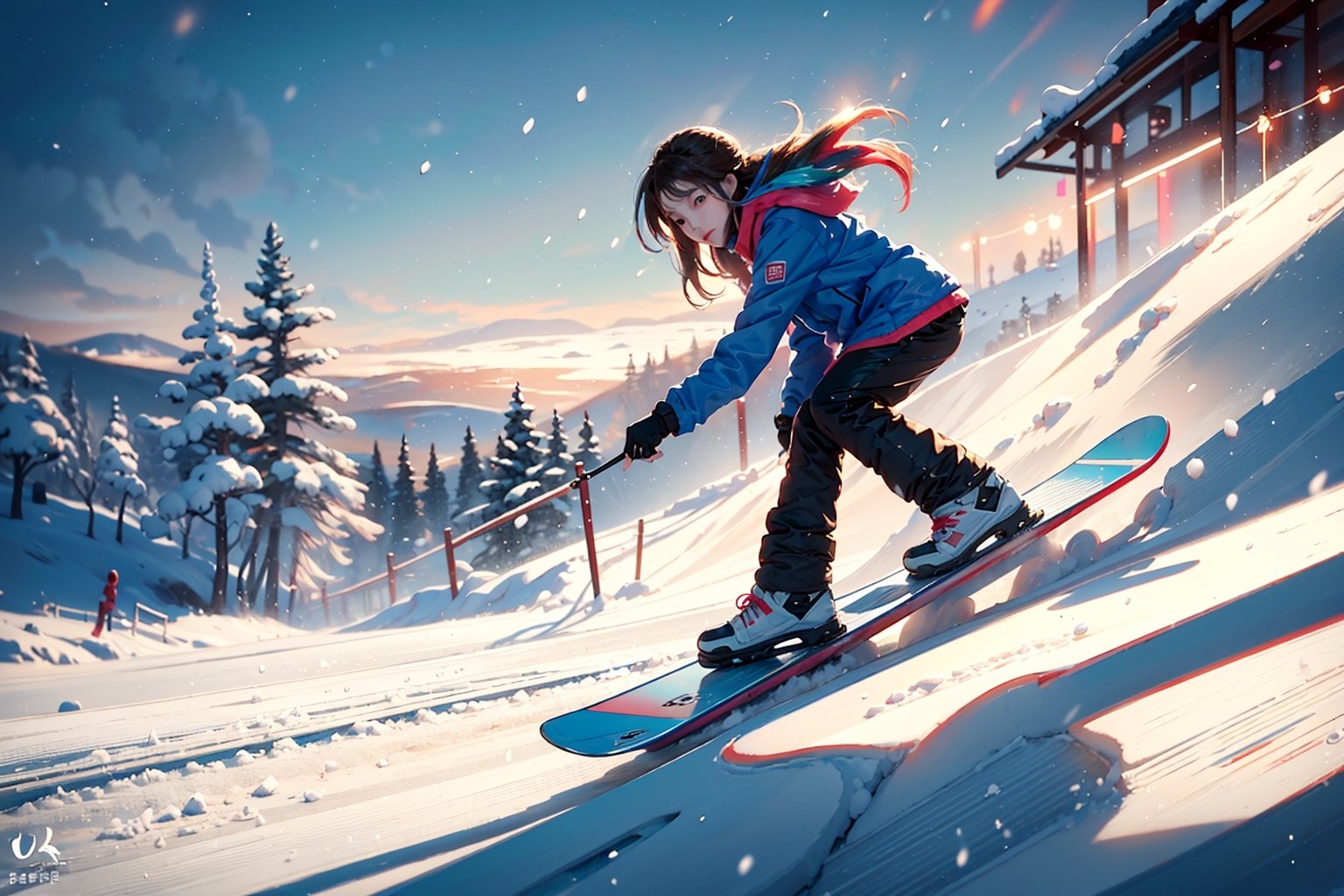 (masterpiece, best quality, ultra-detailed, 8K),beautiful girl riding snowboard in the hill of snow park,23yo,goggles,snowboard outfit,(very high speed) down hill,(perfect carving turn),(colorful:1.5),cinematic lighting,koh_yunjung,1 girl,cute