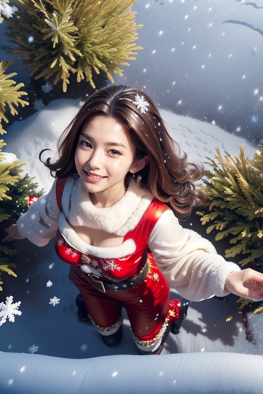 ((masterpiece, best quality, ultra-detailed, very fine 16KCG wallpapers)), 1girl, solo, 20 yo, kawaii, Smirk, large breasts:1.2, dark brown hair, long hair, blue eyes, sexy red santa costume, holy night, christmas decorations, christmas night, nice hands, perfect hands, perfect finger, (snow flakes falling:1.9), profile, (from above:1.9), upper body, (Five-pointed star christmas tree:1.2). (glitter;1.3),Santa girl spreading her arms towards the sky and receiving snow,heavy snow,christmas tree,Christmas tree decorated with multi-colored baubles and gift boxes,christmas mood,fisheye lens,Laugh brightly with joy