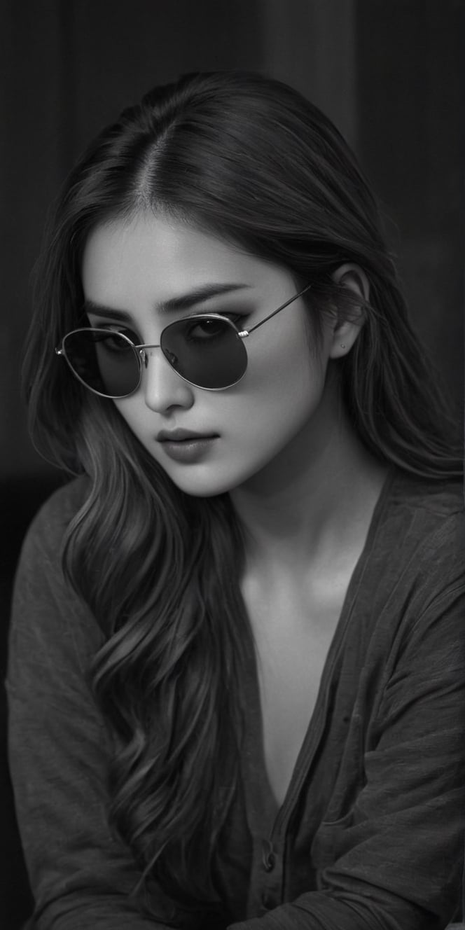 photorealistic), masterpiece:1.5, best quality, realistic, real image, intricate details, perfect focus, perfect face, extremely beauyiful girl, Photograph, masterwork, meticulous nuances, supreme resolution, 32K, ultra-defined, Intricate Detail, Masculine,  black and white photo.long hair,blue sunglasses glasses,
Imagina 1 korean woman, 20 yo, create a hyper realistic image of ssitting in the dark room, pessimistic view, depressed mood, lost in tough, black and white photo, high detailed, sharp focus, Extremely Realistic,FilmGirl,bright clothes,Real,Black&White,SDXL,Realistic