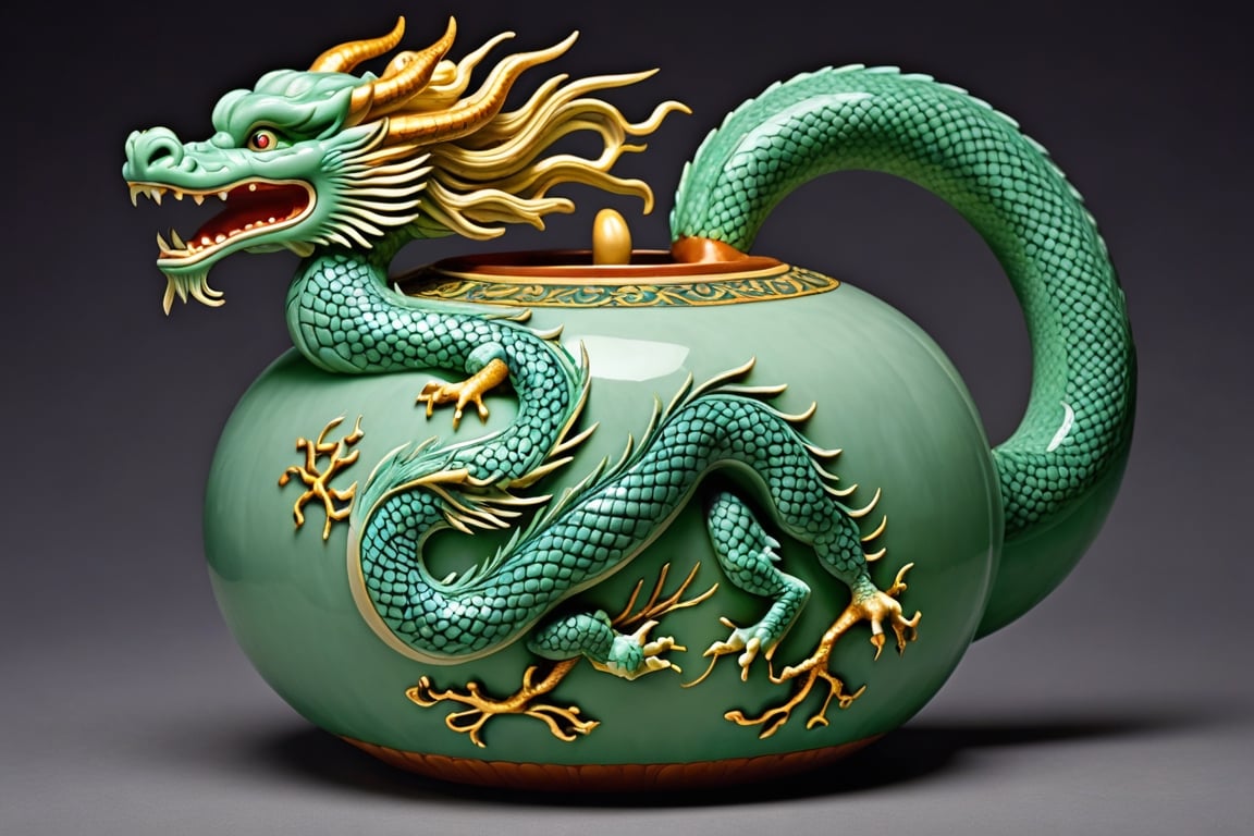 The image of an oriental dragon struggling appears engraved on the outside of a gourd made with celadon inlay technique. The oriental dragon wrapped in clouds is carved with elaborate inlay techniques, giving it a realistic feel as if it will jump out at any moment, and the mystical jade color shines brightly as if it were the color of the heavenly world.

The celadon inlaid cloud-dragon gourd is engraved with clouds and an oriental dragon, has no carvings on the top of the spout, and the edges are finished in gold.
It shows the overall appearance of the pottery.



close-up photography, Ultra-detailed, ultra-realistic, full body shot, Distant view