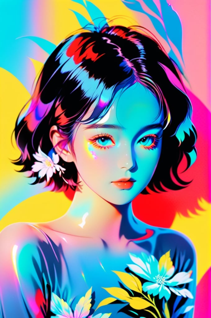 portrait, 1 girl, solo, short wavy hair, flowing neon, colored holographic floral background, holographic, iridescent, vaporwave, fluid, flowers, lying from the front point pose, high fashion, realistic,Flat vector art,xxmix_girl