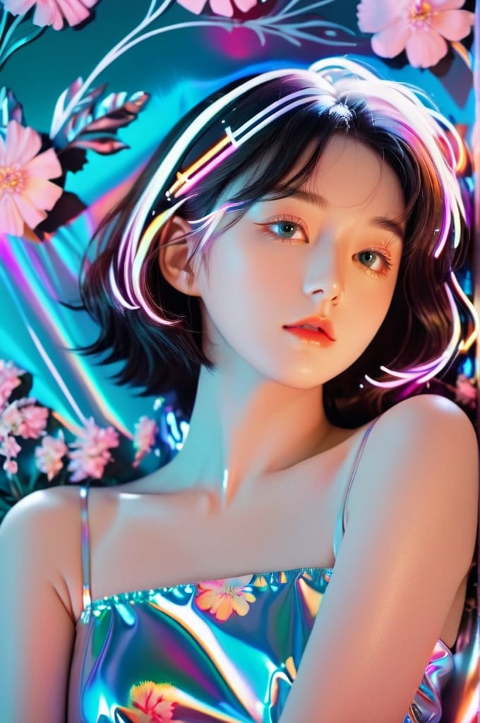 portrait, 1 girl, solo, short wavy hair, flowing neon, colored holographic floral background, holographic, iridescent, vaporwave, fluid, flowers, lying from the front point pose, high fashion, realistic,Flat vector art,xxmix_girl,kwon-nara-xl