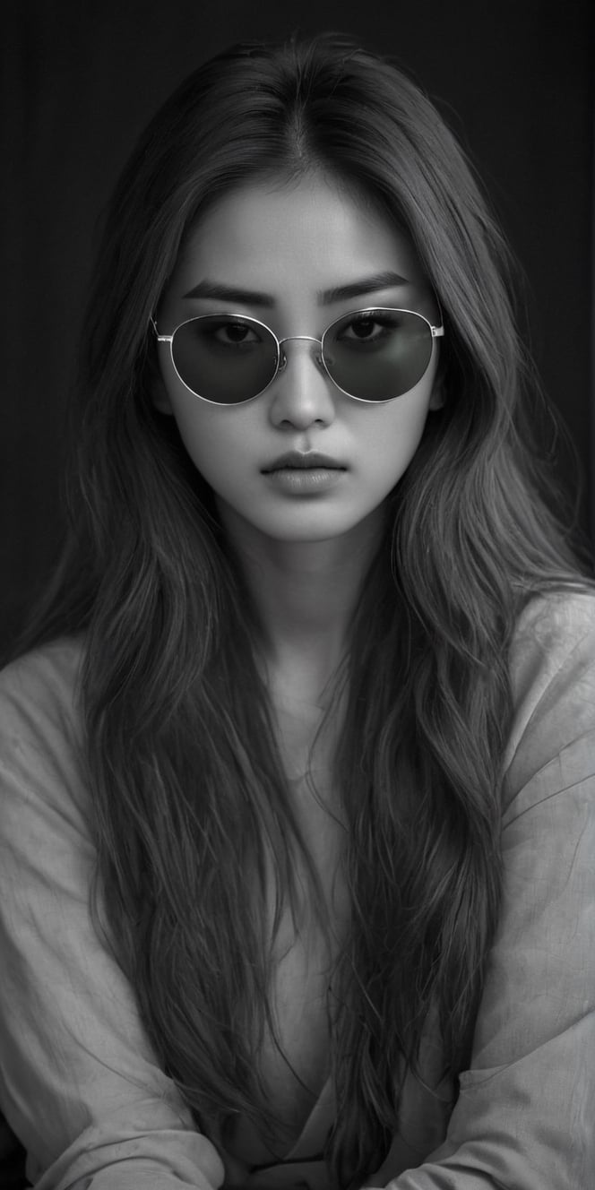 photorealistic), masterpiece:1.5, best quality, realistic, real image, intricate details, perfect focus, perfect face, extremely beauyiful girl, Photograph, masterwork, meticulous nuances, supreme resolution, 32K, ultra-defined, Intricate Detail, Masculine,  black and white photo.long hair,green sunglasses glasses,
Imagina 1 korean woman, 20 yo, create a hyper realistic image of ssitting in the dark room, pessimistic view, depressed mood, lost in tough, black and white photo, high detailed, sharp focus, Extremely Realistic,FilmGirl,bright clothes,Real,Black&White,SDXL,Realistic