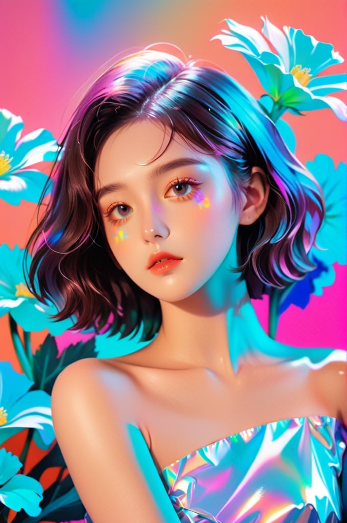 portrait, 1 girl, solo, short wavy hair, flowing neon, colored holographic floral background, holographic, iridescent, vaporwave, fluid, flowers, lying from the front point pose, high fashion, realistic,Flat vector art,xxmix_girl