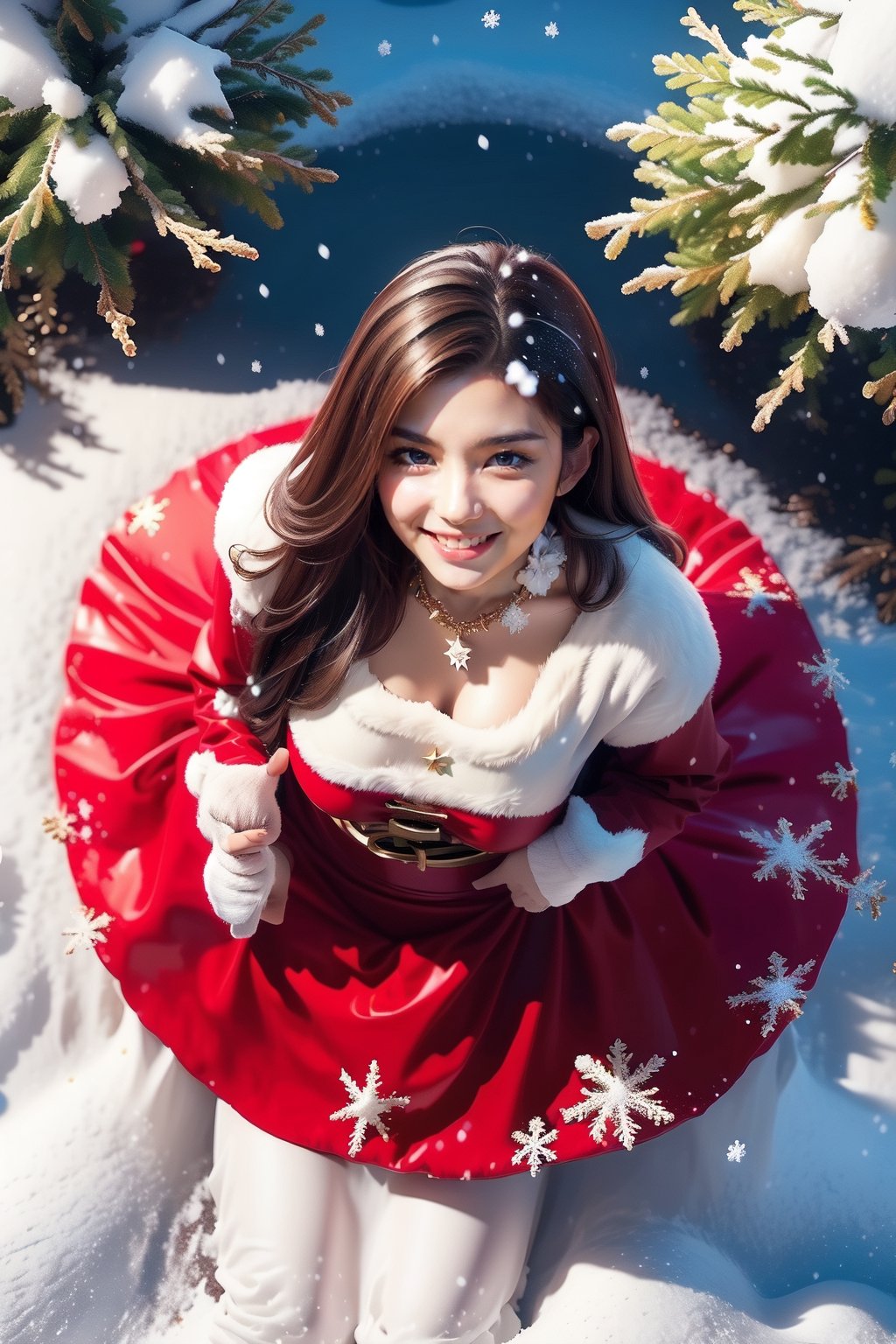 ((masterpiece, best quality, ultra-detailed, very fine 16KCG wallpapers)), 1girl, solo, 20 yo, kawaii, Smirk, large breasts:1.2, dark brown hair, long hair, blue eyes, sexy red santa costume, holy night, christmas decorations, christmas night, nice hands, perfect hands, perfect finger, (snow flakes falling:1.9), profile, (from above:1.9), upper body, (Five-pointed star christmas tree:1.2). (glitter;1.3),Santa girl spreading her arms towards the sky and receiving snow,heavy snow,christmas tree,Christmas tree decorated with multi-colored baubles and gift boxes,christmas mood,fisheye lens,Laugh brightly with joy