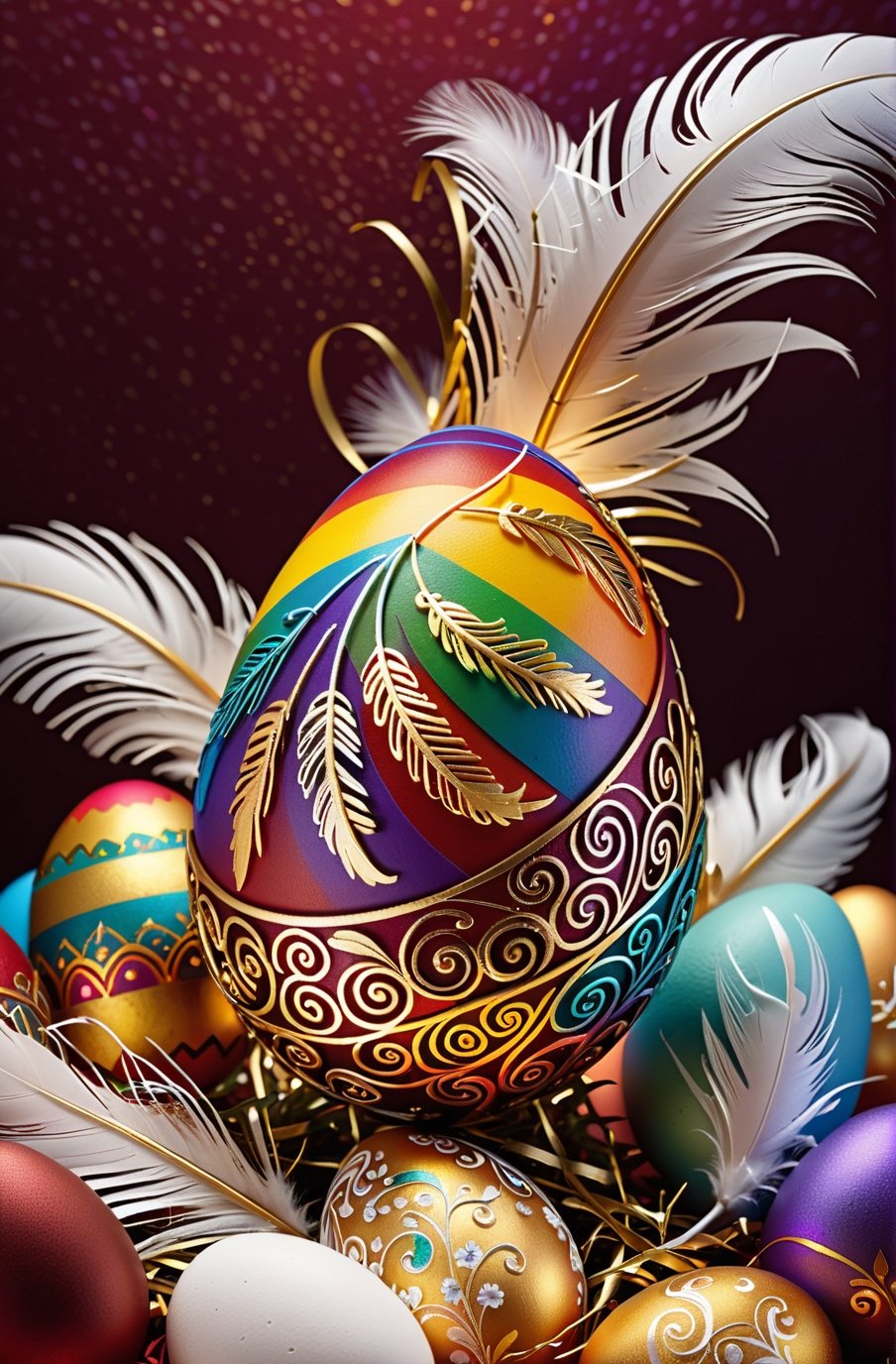 Easter eggs designed with arabesques and swirls using a harmonious mix of rainbow colors.
A pile of tiny golden twigs and many white feathers cover the egg from the bottom as if protecting it.
The egg shines even brighter due to the intense lighting that illuminates the egg on a dark red and golden background.

Ultra-clear, Ultra-detailed, ultra-realistic, ultra-close up