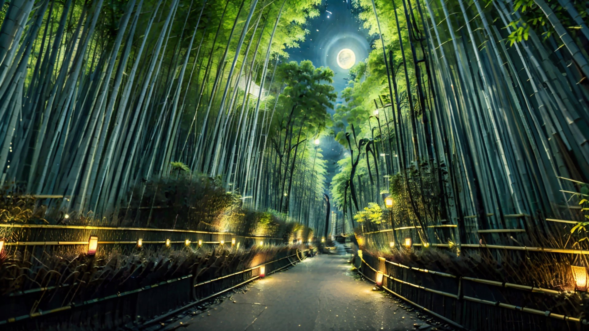 (best quality,masterpiece:1.2),super ultra detailed,(photo realistic:1.4),(at night:1.3),bamboo_grove_background,EpicArt,Nice legs and hot body,ultra sharpness,moon light,swampland,waterway and ferry,only bamboo,firefliesfireflies