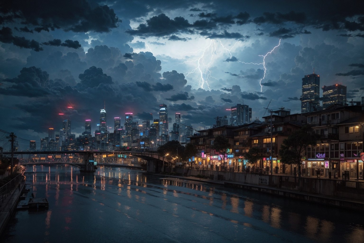 cyberpunk city, neon lights, buildings, scenery, cityscape, river, pedestrians, outdoor bars. Night scene, ultra realistic, highly detailed,black clouds,city silhouette,There is a lot of lightning everywhere in the city,10 lightning bolts,heavy rain