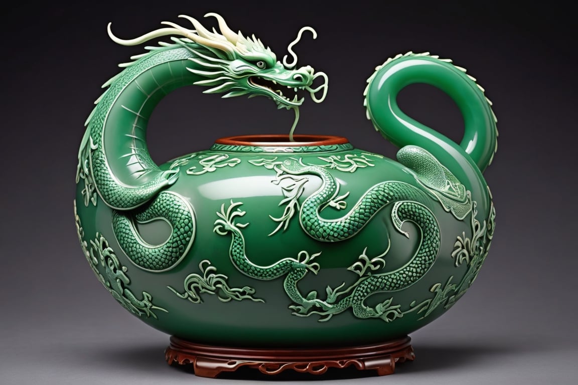 The image of an oriental dragon struggling appears engraved on the outside of a long-necked gourd made with celadon inlay technique. The oriental dragon wrapped in clouds is carved with elaborate inlay techniques, giving it a realistic feel as if it will jump out at any moment, and the mystical jade color shines brightly as if it were the color of the heavenly world.
It shows the overall appearance of the pottery.



close-up photography, Ultra-detailed, ultra-realistic, full body shot, Distant view