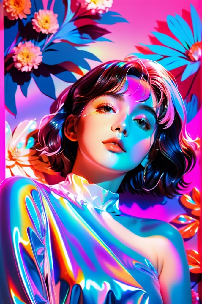 portrait, 1 girl, solo, short wavy hair, flowing neon, colored holographic floral background, holographic, iridescent, vaporwave, fluid, flowers, lying from the front point pose, high fashion, realistic,Flat vector art,xxmix_girl