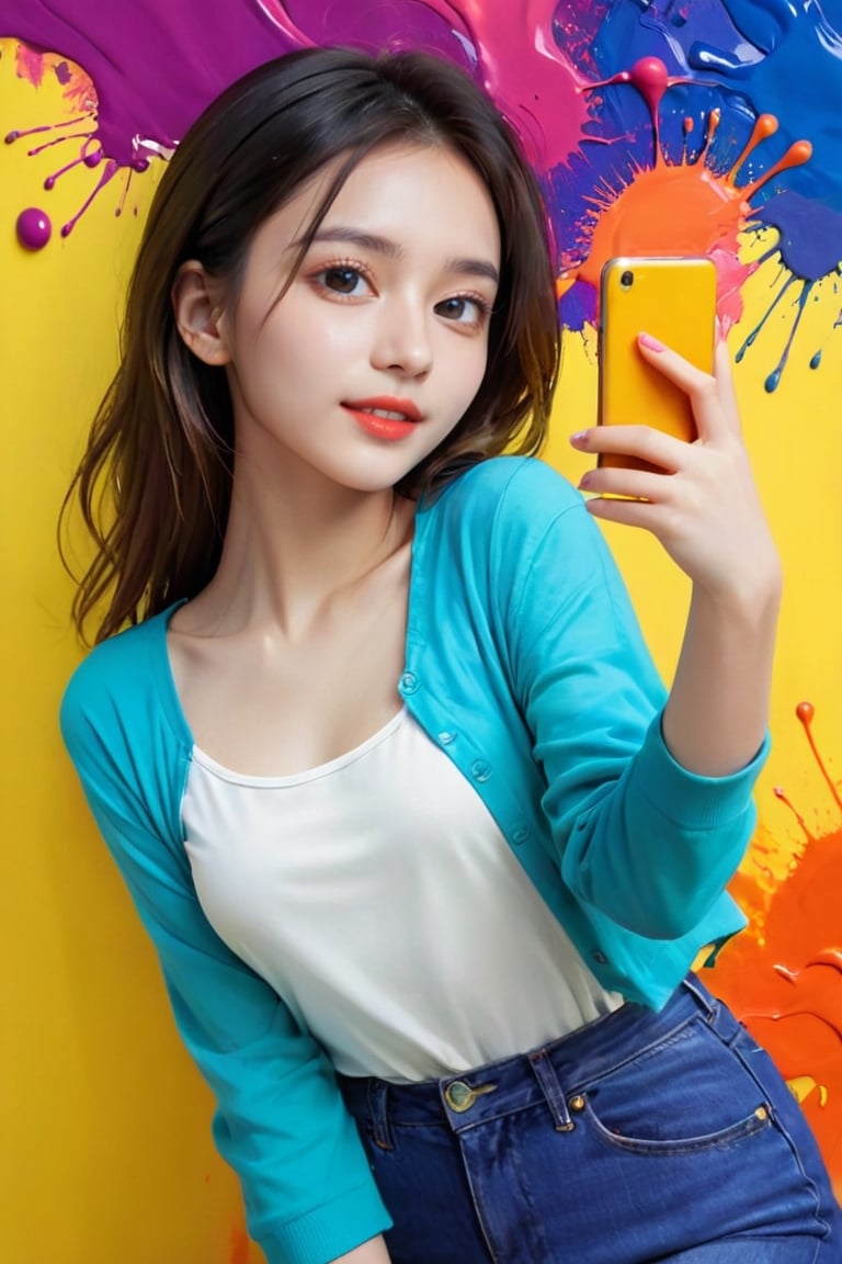 young girl, adolescent, energetic, joyous, selfie, taking selfie, phone camera app, outline, angle downwards, v shape hand pose, cute, adorable, sexy, suggestive outfit, paint splash background, vibrant paint, high contrast, abstract, volumetric light, high quality, detailed, masterpiece,xxmix_girl