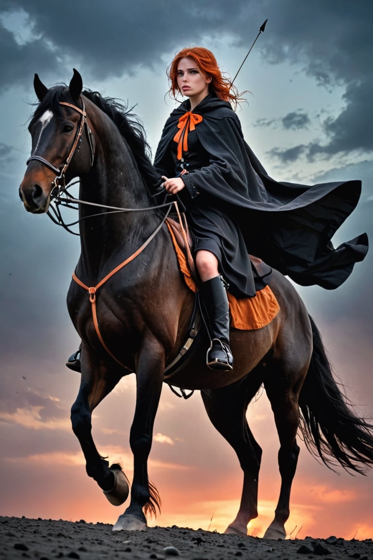 1 beautiful woman,  faded elegance, mournful atmosphere,  beauty, melancholy aura, hauntingly captivating, stark contrast, delicate decay, line art, backlighting, wind, backlighting, Stardust,(Wind:1.2) , black cloak, aAn archer riding a black horse with a bow on his back, Orange Blood
,Contained Color,anica_teddy,photo r3al