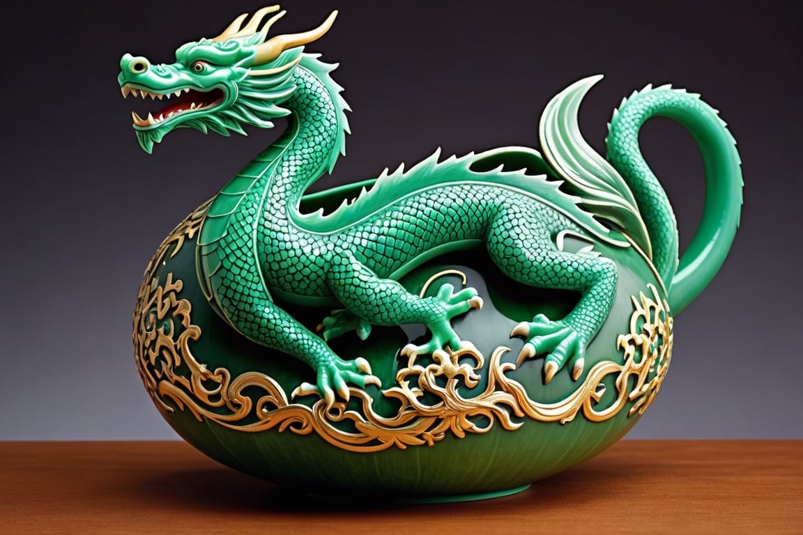 The image of an oriental dragon struggling appears engraved on the outside of a gourd made with celadon inlay technique. The oriental dragon wrapped in clouds is carved with elaborate inlay techniques, giving it a realistic feel as if it will jump out at any moment, and the mystical jade color shines brightly as if it were the color of the heavenly world.
It shows the overall appearance of the pottery.



close-up photography, Ultra-detailed, ultra-realistic, full body shot, Distant view