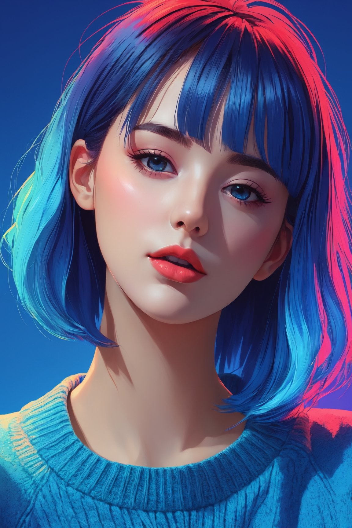 shadow flat vector art, illustrator, anime , realistic ,sketch , 1girl, ,lip, Sweater,order, Blue gradient background, Neon hair,Textured crop,xxmix_girl