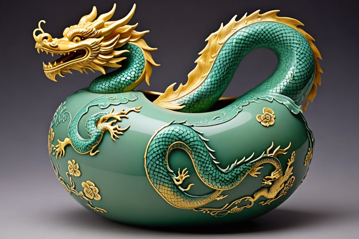 The image of an oriental dragon struggling appears engraved on the outside of a gourd made with celadon inlay technique. The oriental dragon wrapped in clouds is carved with elaborate inlay techniques, giving it a realistic feel as if it will jump out at any moment, and the mystical jade color shines brightly as if it were the color of the heavenly world.
The celadon inlaid cloud-dragon gourd is engraved with clouds and an oriental dragon, has no carvings on the top of the spout, and the edges are finished in gold.
It shows the overall appearance of the pottery.



close-up photography, Ultra-detailed, ultra-realistic, full body shot, Distant view