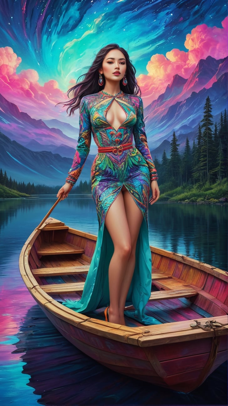 vibrant neo-traditional, a painting of a woman standing in a boat on a lake, (psychedelic art), highly detailed 4k painting, campy and colorful, fisherman, under a technicolor sky,xxmix_girl,kimtaeri-xl,FilmGirl,LinkGirl,aw0k euphoric style