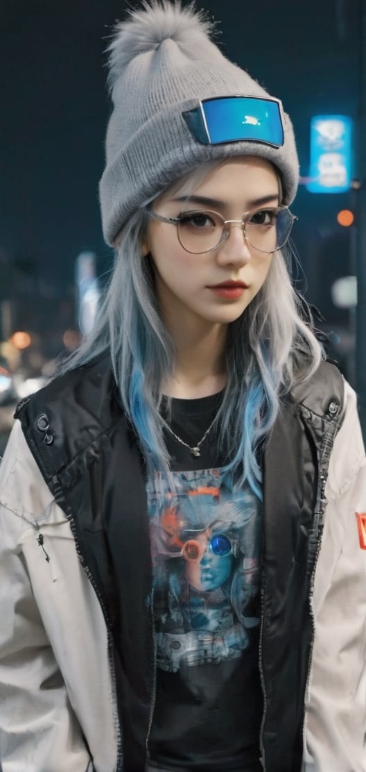 Cute female  cyberpunk hacker with blue colored glasses, in a jacket with a Beanie long grey hair half teeshirt ripped jeanscyberpunk 2077 poster art