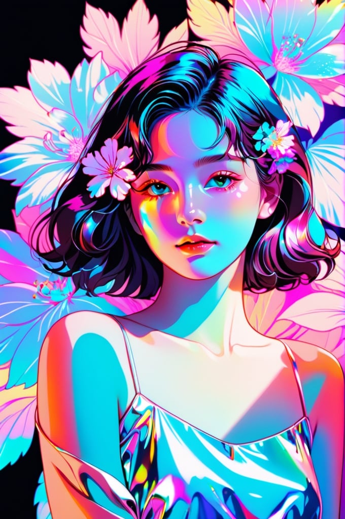 portrait, 1 girl, solo, short wavy hair, flowing neon, colored holographic floral background, holographic, iridescent, vaporwave, fluid, flowers, lying from the front point pose, high fashion, realistic,Flat vector art,xxmix_girl