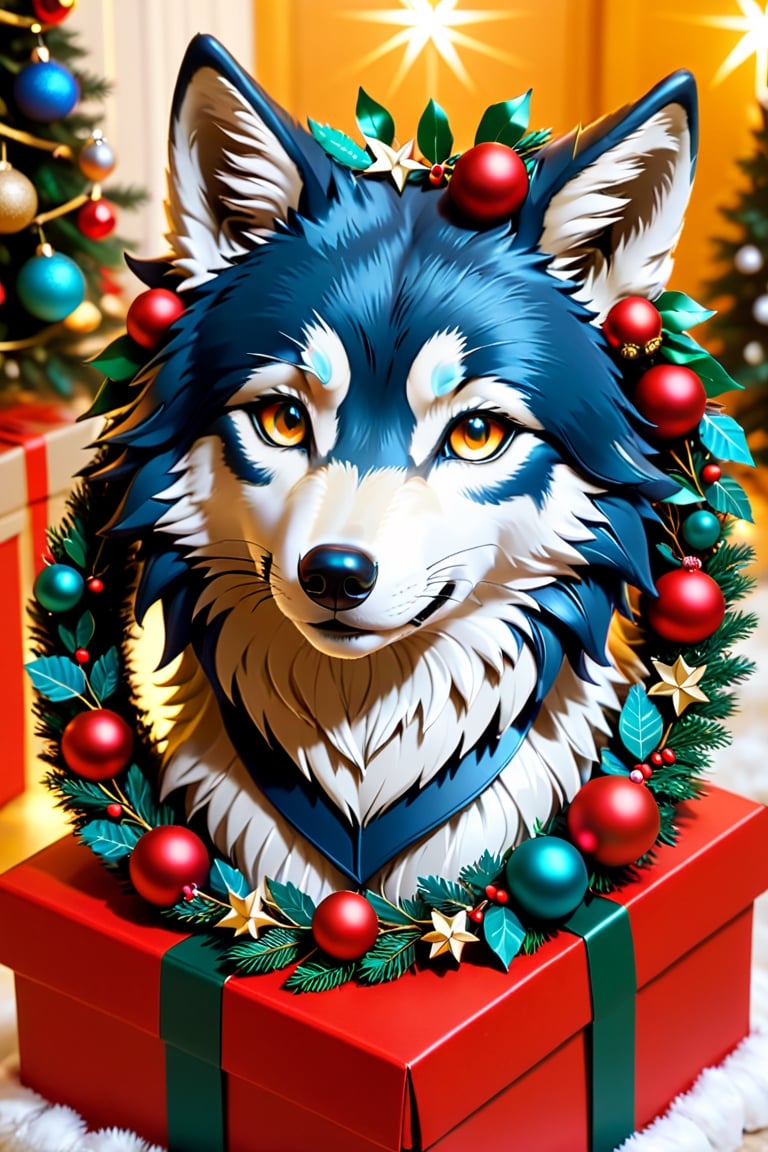 a wolf wearing Christmas wreath,Apoloniasxmasbox,xxmix_girl