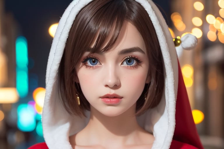 ((1girl, 19year old girl:1.5)), ((Portrait)),loli, petite girl,  whole body, children's body, beautiful shining body, bangs,((darkbrown hair:1.3)),high eyes,(aquamarine eyes), petite,tall eyes, beautiful girl with fine details, Beautiful and delicate eyes, detailed face, Beautiful eyes,natural light,((realism: 1.2 )), dynamic far view shot,cinematic lighting, perfect composition, by sumic.mic, ultra detailed, official art, masterpiece, (best quality:1.3), reflections, extremely detailed cg unity 8k wallpaper, detailed background, masterpiece, best quality , (masterpiece), (best quality:1.4), (ultra highres:1.2), (hyperrealistic:1.4), (photorealistic:1.2), best quality, high quality, highres, detail enhancement, ((very short hair:1.4)),
((tareme,animated eyes, big eyes,droopy eyes:1.2)),((random expression)),,random Angle,((santa costume:1.4)),((thick eyebrows:1.1)),perfect,((manga like visual)),((christmas decorations)),perfect light,white fur,facial_mark, neon_palette, shaped_highlights, ((bokeh background, blurry background)), night time, night sky, (city light), horizontal angle, looking away, perfect anatomy, colorful hair clip, many hair clips, christmas theme,Makeup,beautiful,detailed eyes