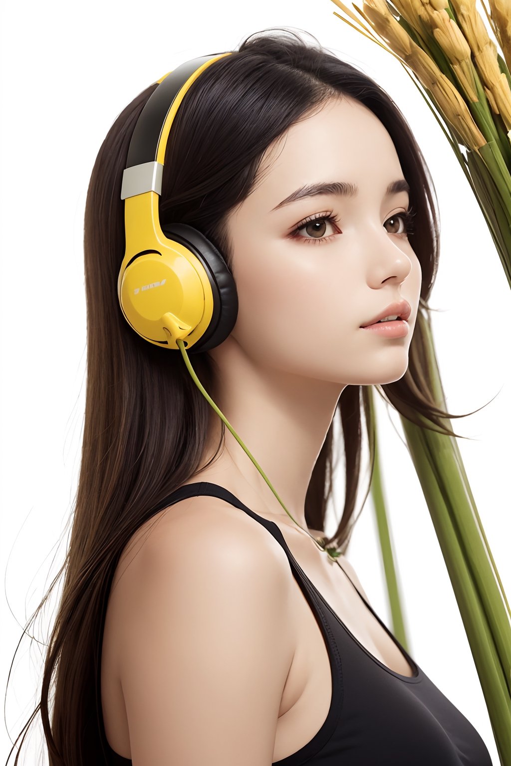 1girl,flowers,(yellow reed:1.1),forest,solo,long hair,(realistic:1.1),blue headphones,white background,brown hair,simple background,headphones around neck,lips,parted lips,looking to the side,upper body,forehead,looking away,black hair,bare shoulders,signature,brown eyes,tank top,black eyes,
