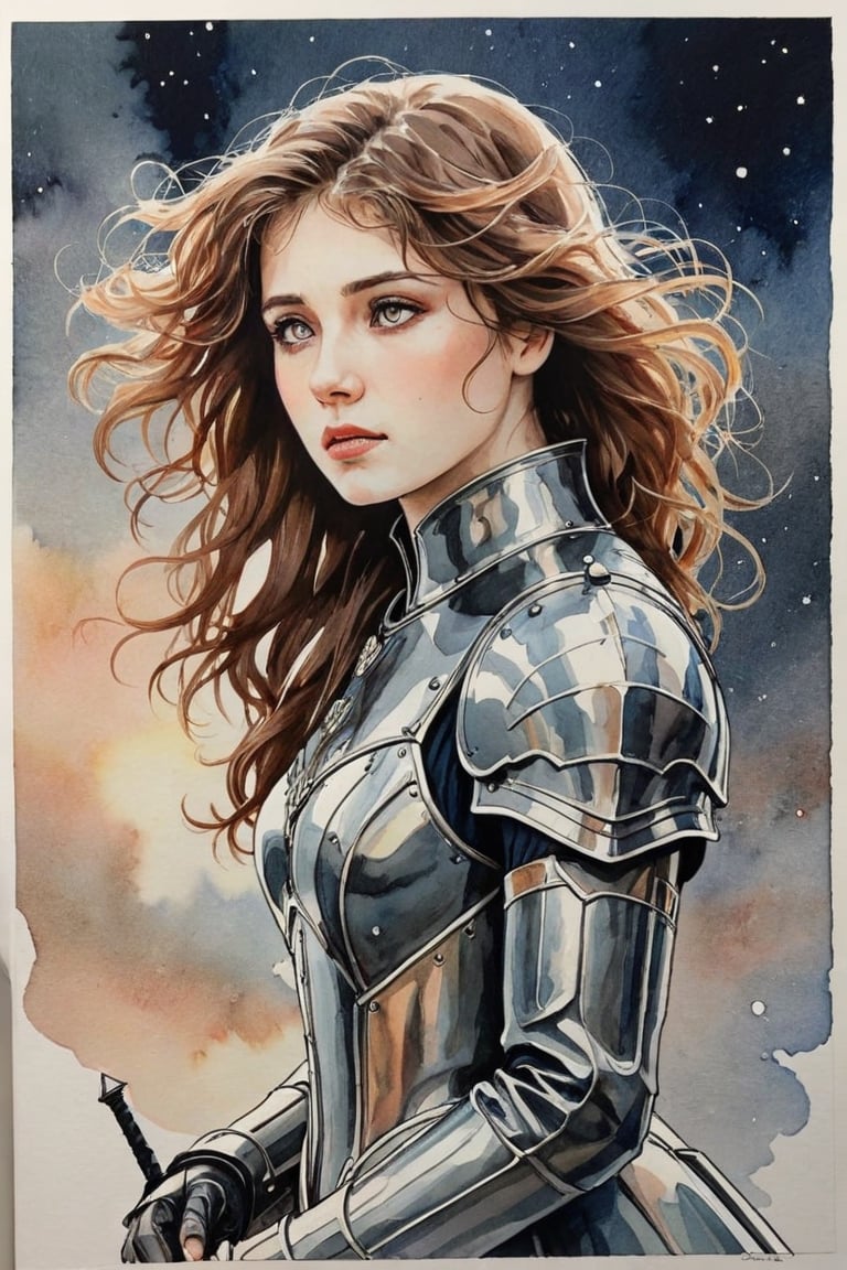 beautiful woman,  faded elegance,  melancholy aura, hauntingly captivating, stark contrast, delicate decay, line art, backlighting, wind, Stardust, watercolor, (Wind:1.2) , iron knight
,Contained Color,anica_teddy,lineart,LineAniAF,watercolor,ink