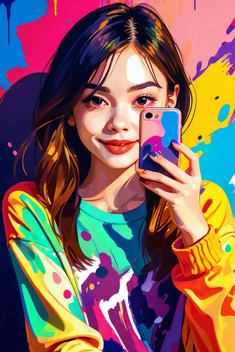 young girl, adolescent, energetic, joyous, selfie, taking selfie, phone camera app, outline, angle downwards, v shape hand pose, cute, adorable, sexy, suggestive outfit, paint splash background, vibrant paint, high contrast, abstract, volumetric light, high quality, detailed, masterpiece,girl
