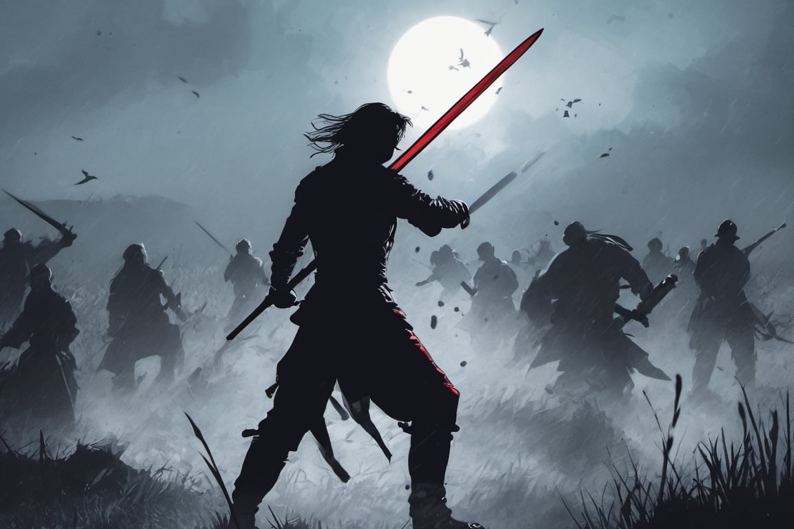 ((Silhouette:1.9)). it's too dark, without light. ((About 10 Assassins1.9)),((A swordsman wearing a wide-brimmed hat and masked About 10 assassins:1.8, crescent moon, grass. Two swordsmen are fighting among the long grass in a meadow with a crescent moon as thin as an eyebrow on a very pitch-black night in all directions1.8)). ((A swordsman flies into the air, wraps his hands around the handle of his sword, and makes a 45-degree downward slash motion. Another swordsman is making an urgent move to block the sword of another swordsman coming down1.5)).(( jump up and slash the sword. A man who gets stabbed splatters red blood:1.9)).red blood splatters, About 10 Assassins surround them.
There is a bit of fog around, reflecting the blue light of the black crescent moon of the swordsman striking, showing even more urgency.
((Silhouette:1.9)), distant view, 8K, ((gloomy, solemn, urgent, scary, speed:1.5)), birds flying away in surprise,Sketch,Storyboard