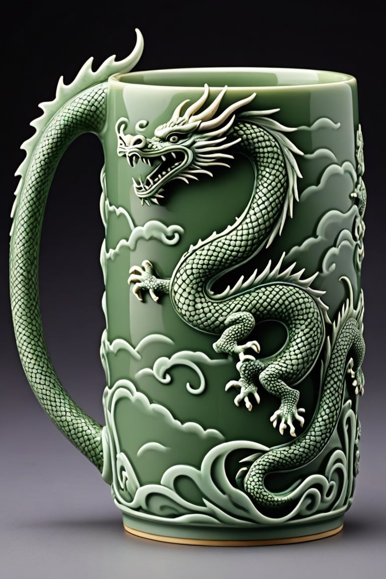 The struggling image of an oriental dragon engraved on the outside of a mug made with celadon inlay technique looks real. The oriental dragon shrouded in clouds is elaborately carved in relief, giving it a realistic feel as if it will jump out at any moment, and the mystical jade color shines brightly, as if it were the color of the heavenly world. The handle of the cup is made of the wriggling body of a dragon, with no carvings other than the sides of the cup.

The long, thin body of the dragon, along with the cloud pattern 
Shows the overall appearance of pottery,

close-up photography, Ultra-detailed, ultra-realistic, full body shot, Distant view