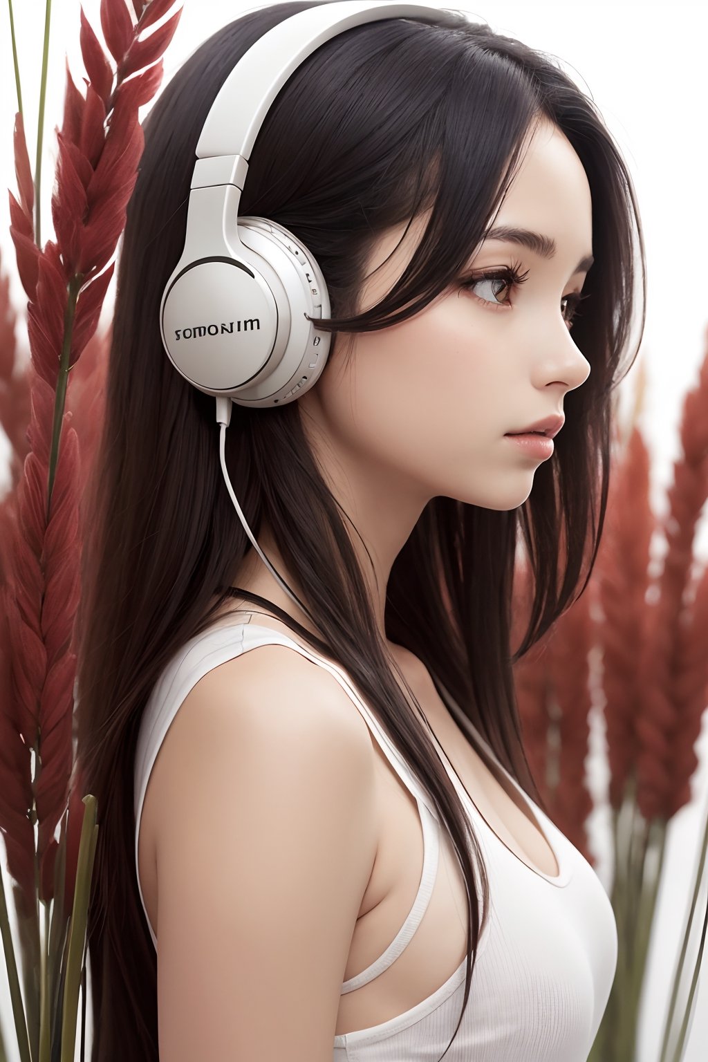 1girl,flowers,(red reed:1.1),forest,solo,long hair,(realistic:1.1),headphones(red headphones),white background,brown hair,simple background,red headphones around neck,lips,parted lips,looking to the side,upper body,forehead,looking away,black hair,bare shoulders,signature,brown eyes,tank top,black eyes,
