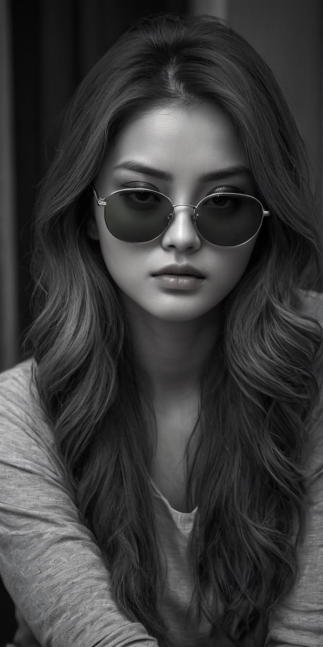 photorealistic), masterpiece:1.5, best quality, realistic, real image, intricate details, perfect focus, perfect face, extremely beauyiful girl, Photograph, masterwork, meticulous nuances, supreme resolution, 32K, ultra-defined, Intricate Detail, Masculine,  black and white photo.long hair,green sunglasses glasses,
Imagina 1 korean woman, 20 yo, create a hyper realistic image of ssitting in the dark room, pessimistic view, depressed mood, lost in tough, black and white photo, high detailed, sharp focus, Extremely Realistic,FilmGirl,bright clothes,Real,Black&White,SDXL,Realistic