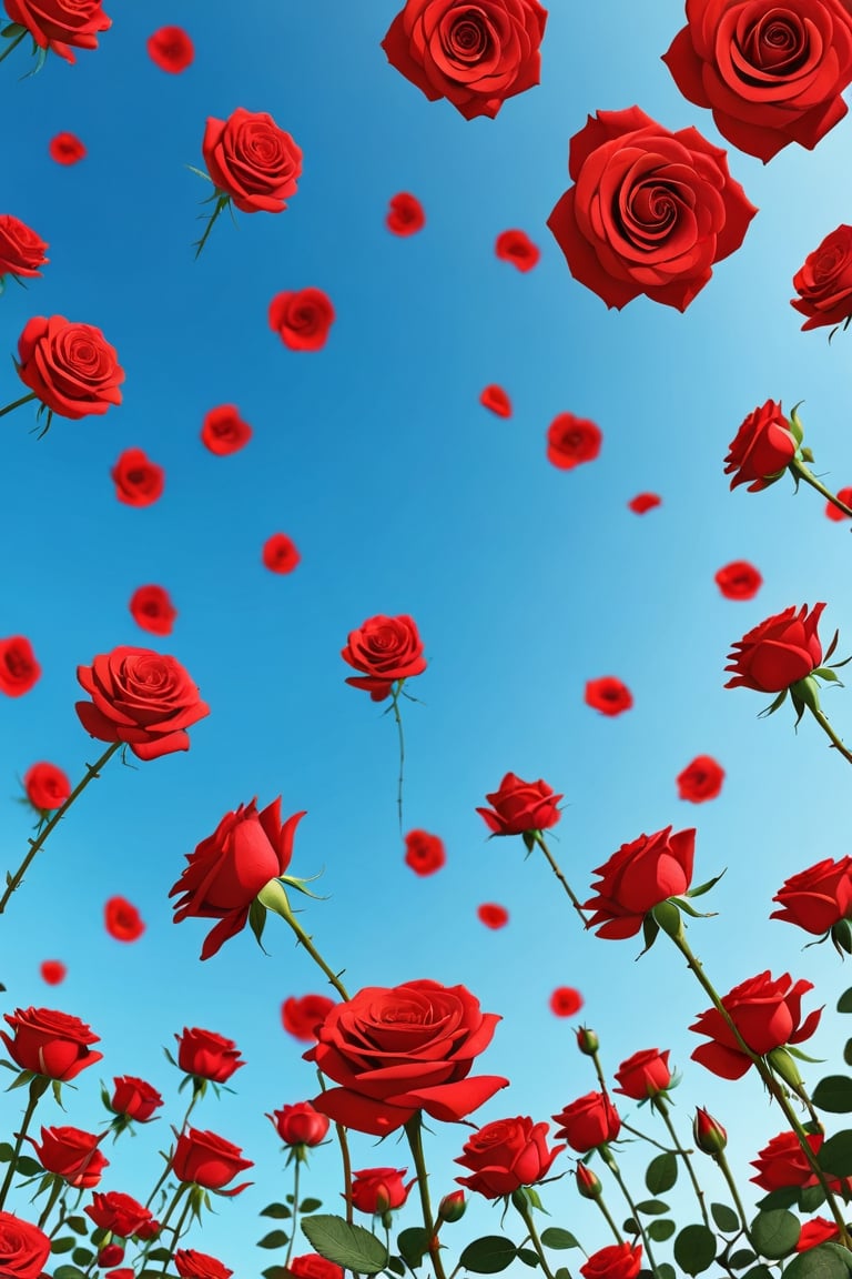 A bottom view of red roses falling from the sky,

Ultra-clear, Ultra-detailed, ultra-realistic, Distant view. full body shot