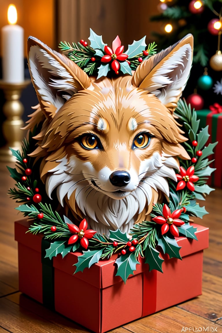 a coyote wearing Christmas wreath,Apoloniasxmasbox,xxmix_girl