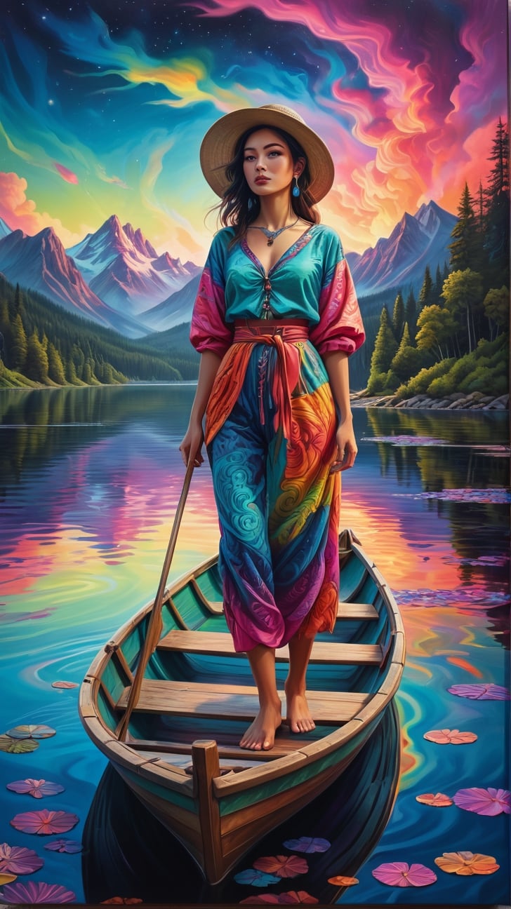 vibrant neo-traditional, a painting of a woman standing in a boat on a lake, (psychedelic art), highly detailed 4k painting, campy and colorful, fisherman, under a technicolor sky