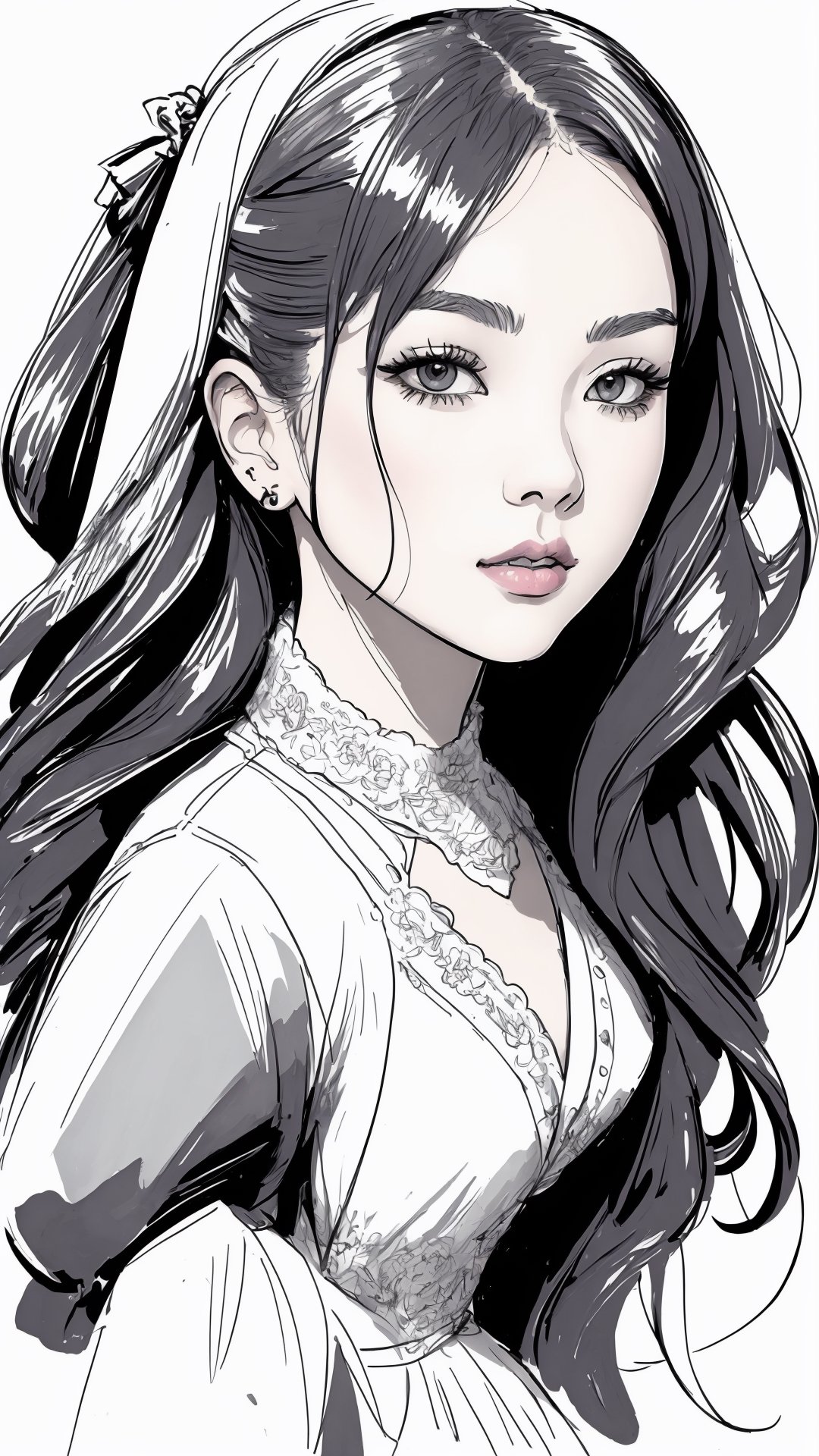 Woman, b/w outline art, full white, white background, coloring style, Sketch style, Sketch drawing,JeeSoo 