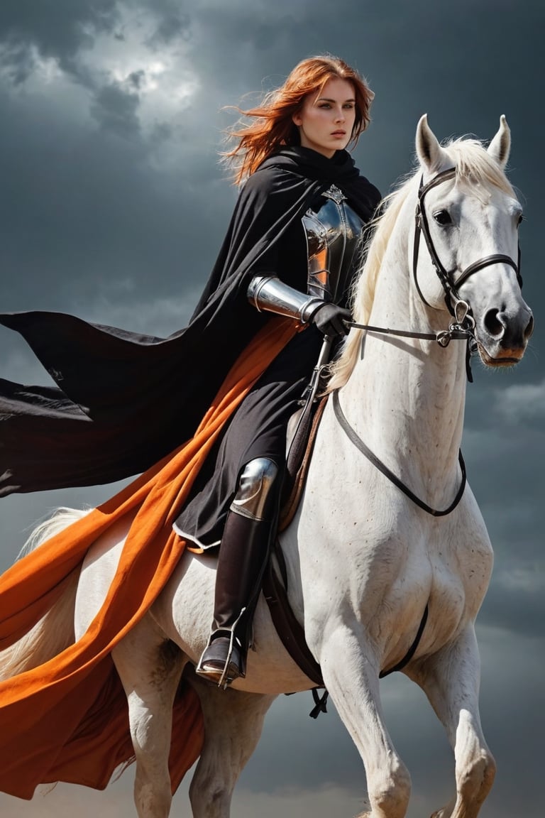 1 beautiful woman,  faded elegance, mournful atmosphere,  beauty, melancholy aura, hauntingly captivating, stark contrast, delicate decay, line art, backlighting, wind, backlighting, Stardust,(Wind:1.2) , black cloak, sword knight riding a white horse, Orange Blood
,Contained Color,anica_teddy,photo r3al