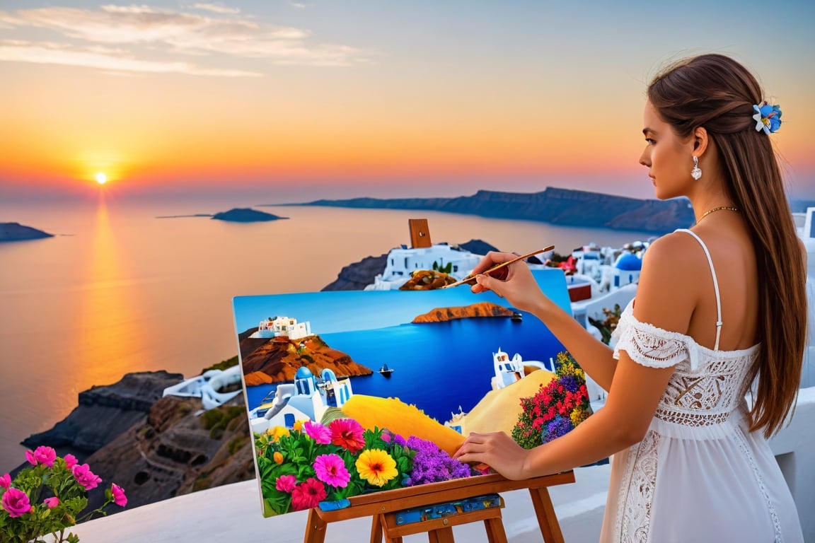 A beautiful 23-year-old woman is painting a sunset in Santorini on canvas.
Easel, canvas, brush, palette
((ultra realistic:1.5)), very hyper detailed, (masterpiece,  top quality,  best quality,  official art,  beautiful and aesthetic:1.2),  extremely detailed, (fractal art:1.1), (colorful:1.1)(flowers:1.3), highest detailed, (zentangle:1.2),  (dynamic pose),  (abstract background:1.3),  (many colors:1.4),  , (earrings),  (feathers:1.5).,  (masterpiece, best quality:1.5), photo-like,photo r3al