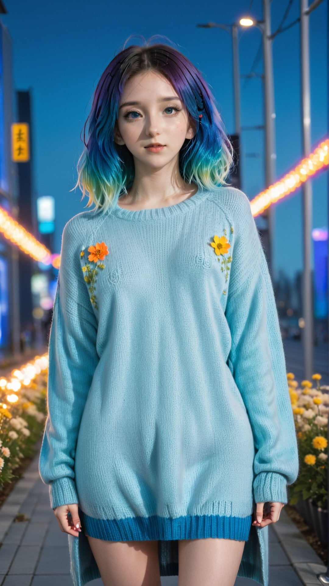 illustrator, anime , full body, realistic , sketch , 1girl, ,lip, Sweater,order, Blue gradient background, Neon hair,Textured crop, Canadian, (masterpiece,best quality) wearing wooly long dress and coat,  full body, flowers bloom and lighting bokeh as background,xxmix_girl,FilmGirl