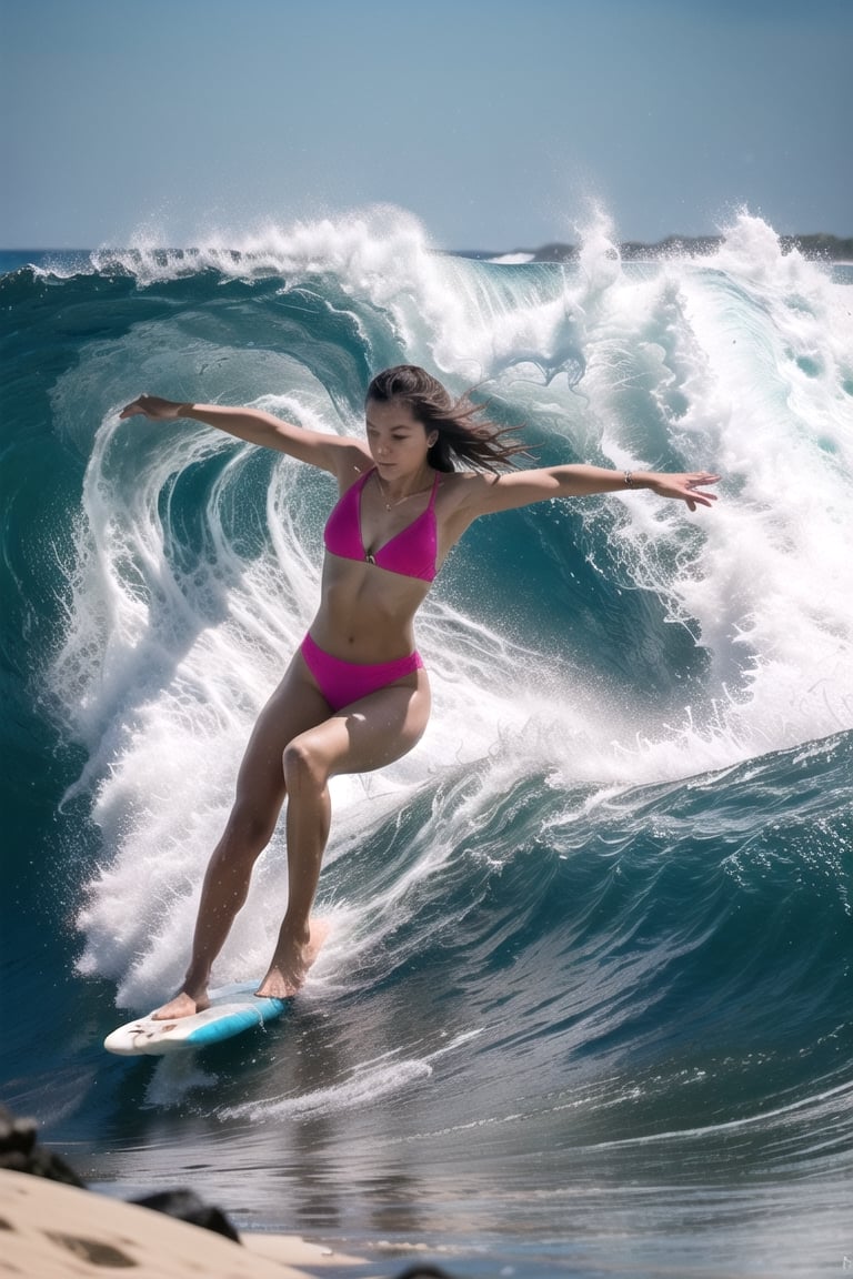 1 beauty girl, surfing, Surfingboard, Beautiful 22 year old woman riding a surfboard in high wavescentered, photography, raw photo, cozy beach, huge waves, Waves curled up like a cave, Ride the board against the waves and come down with incredible speed, stable posture, Escape sideways from the wave cave, aesthetic vibe, ilumination, blue and pink color shade,  bokeh, depth of field, ,JeeSoo ,Sexy_attire ,SEE THROUGH