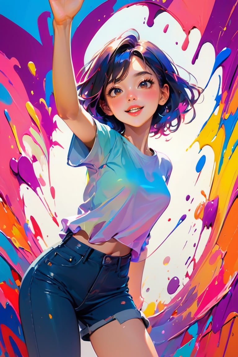 young girl, adolescent, energetic, joyous, selfie, outline, angle downwards, v shape hand pose, cute, adorable, sexy, dance, suggestive outfit, paint splash background, vibrant paint, high contrast, abstract, volumetric light, high quality, detailed, masterpiece,girl,xxmix_girl